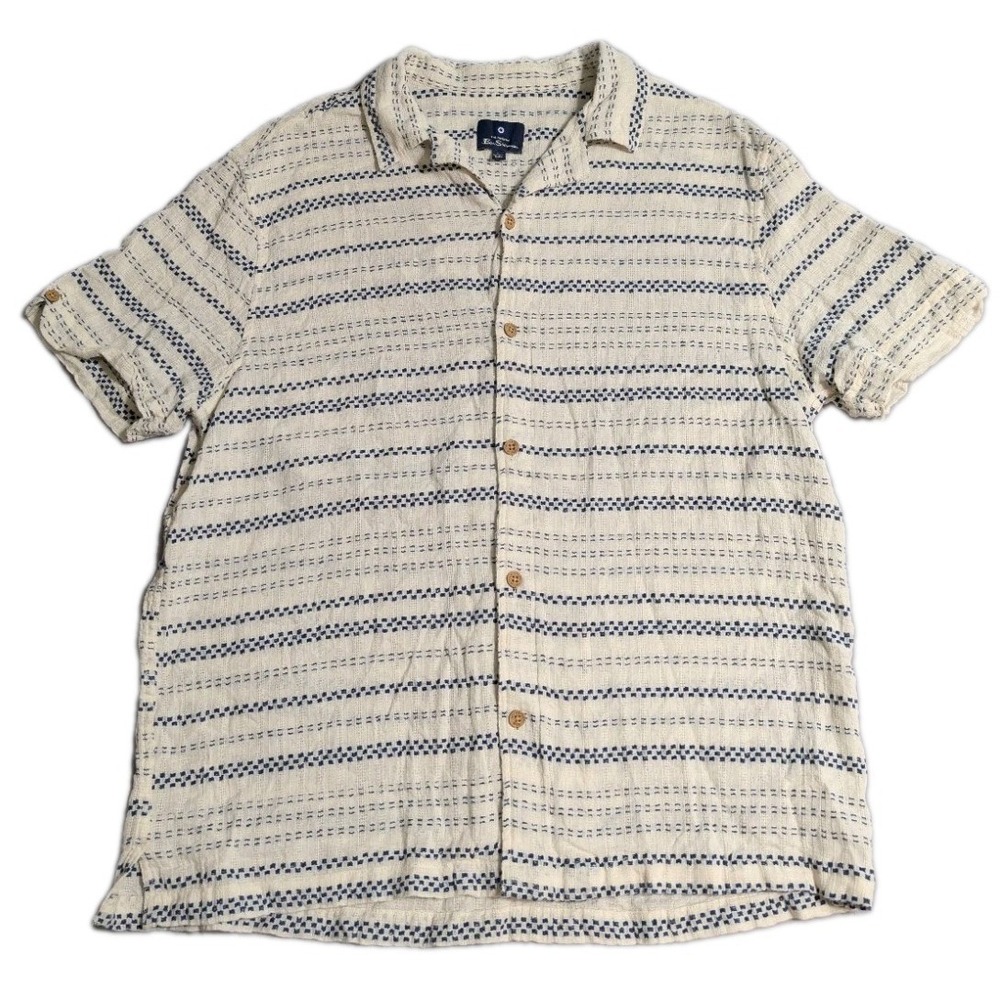 Ben Sherman Mens L Blue White Textured Stripe Camp Shirt Cotton Short Sleeve